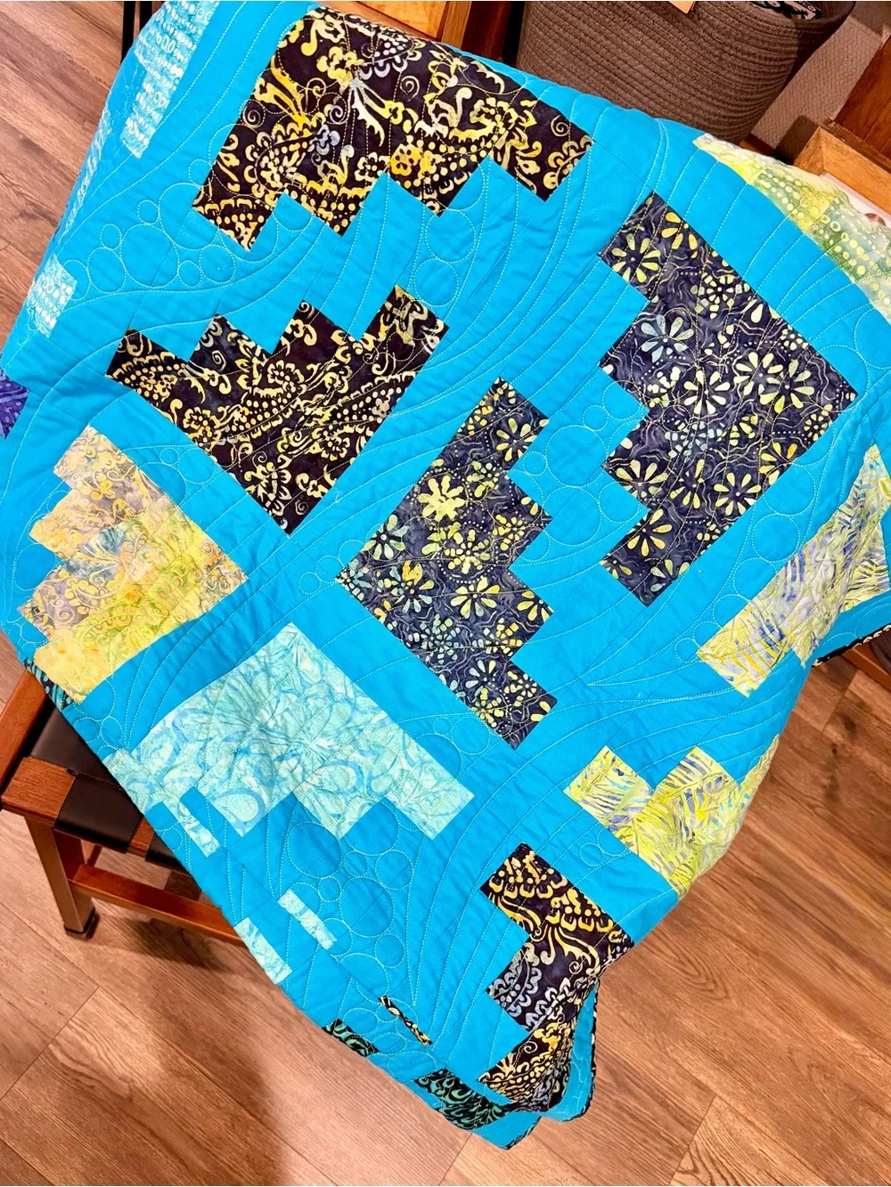 Quilted Patchwork Throw in Turquoise with Purple & Yellow Accents 72”x72”